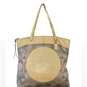 Coach Signature Stripe Patent Leather Tote Bag F18335 Khaki Cream Shoulder Bag